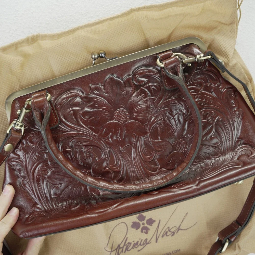 Patricia Nash Brown Tooled Leather Floral Frame Satchel Crossbody Handbag
